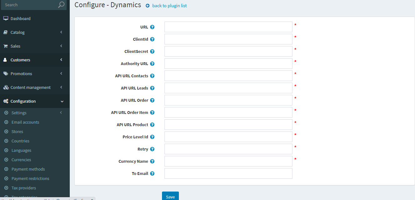 Dashboard for configuration for plugin for Nopcommerce and microsoft dynamics 